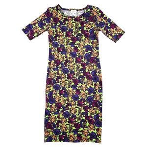 LuLaRoe Julia Dress Womens XS Purple Orange Green Floral Rose Sheath Midi